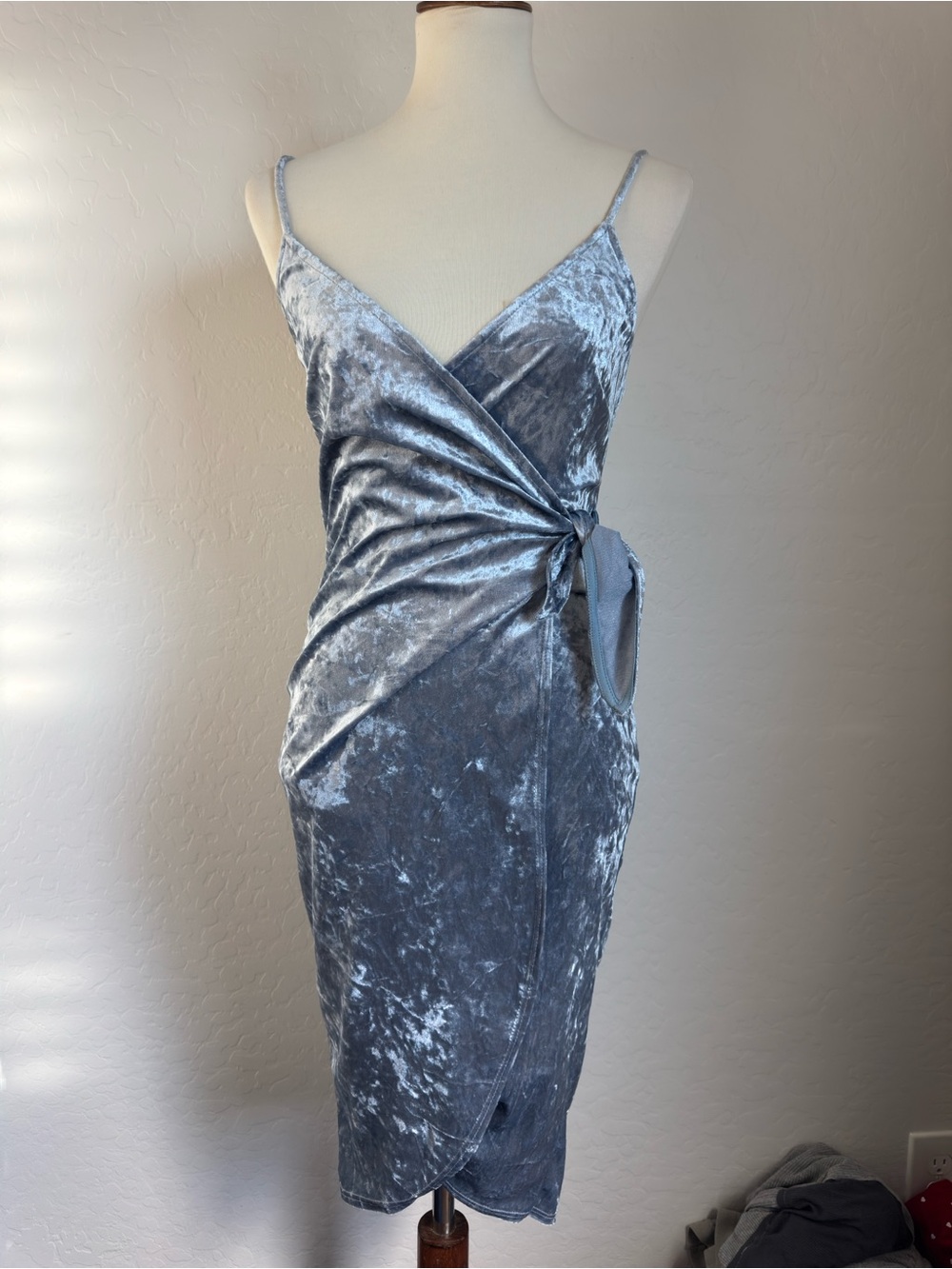 Blue Blush Silver Crushed Velvet Wrap Midi Dress